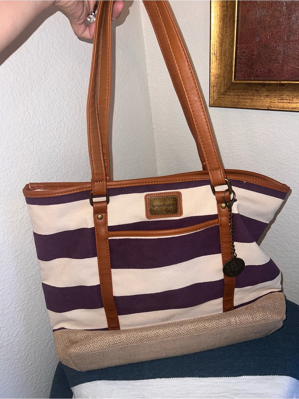 Purple and Cream Striped Canvas Tote with Tan Leather Trim